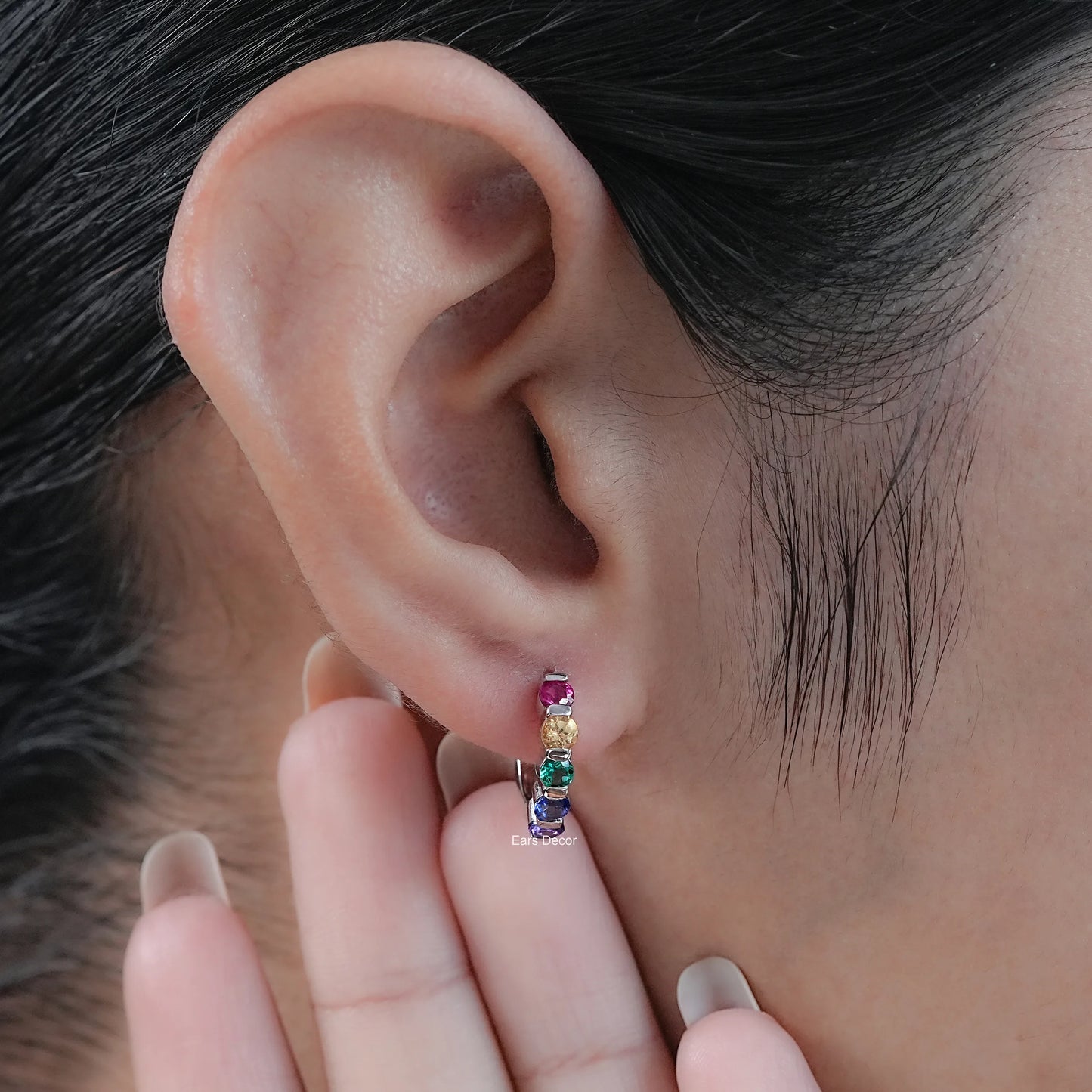 Round Cut Rainbow Gemstone Hoop Earrings