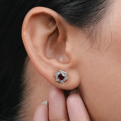 Floral Ruby Hexagon Halo Set Cluster Stud Earring