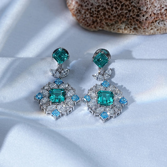 Asscher Paraiba Gemstone Cluster Diamond Drop Earrings