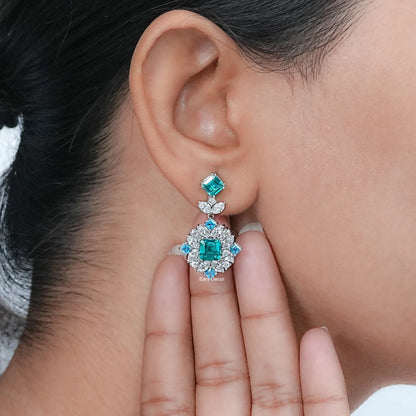 Asscher Paraiba Gemstone Cluster Diamond Drop Earrings