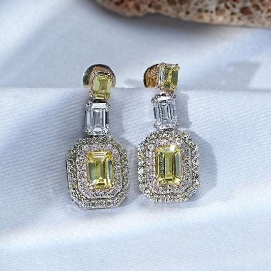 Yellow Emerald Gemstone Double Halo Dangle Earrings