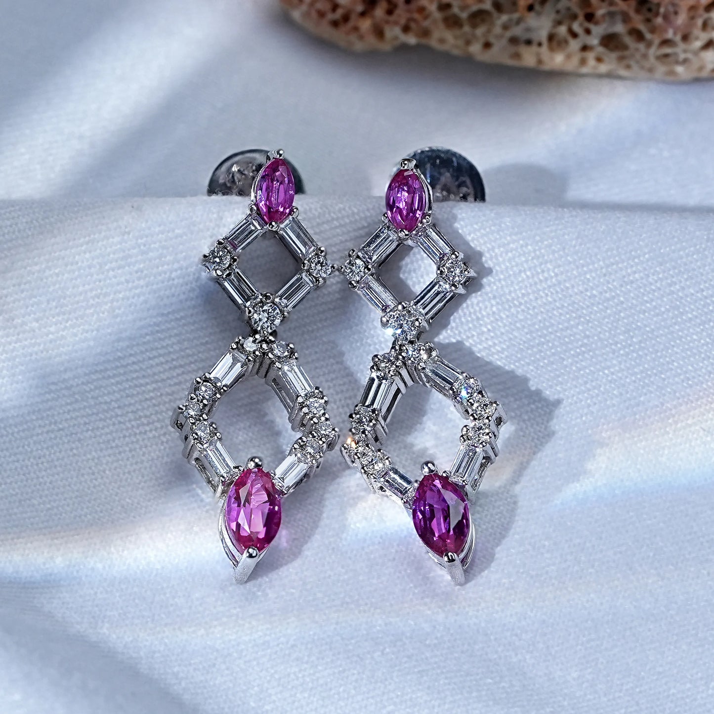 Pink Marquise Gemstone And Diamond Drop Dangle Earrings