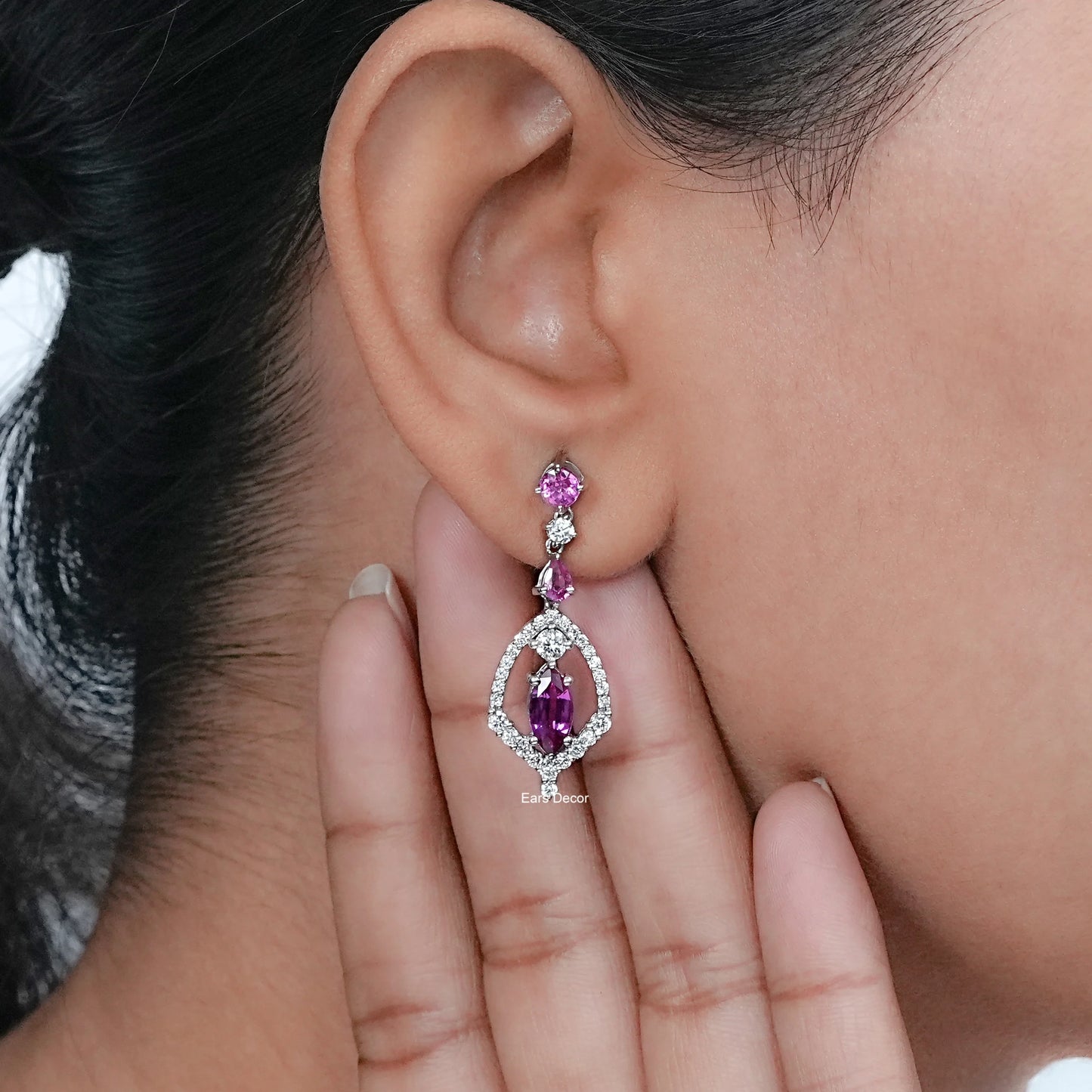 Pink Sapphire Marquise Cluster Diamond Dangle Earrings