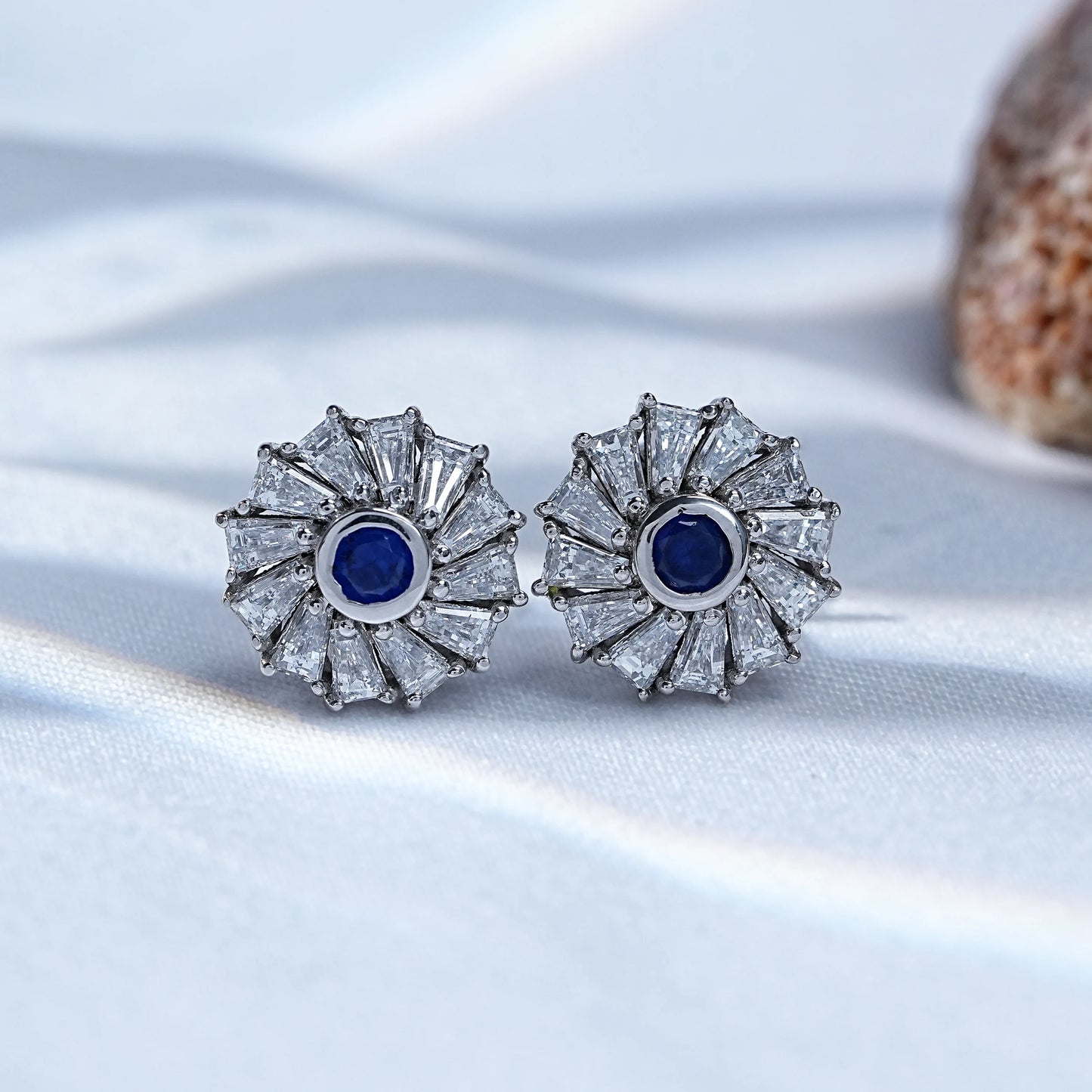 Sapphire Round And Tapered Baguette Halo Stud Earrings