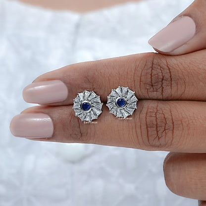 Sapphire Round And Tapered Baguette Halo Stud Earrings