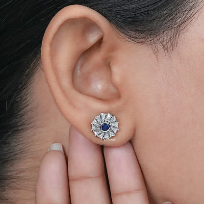 Sapphire Round And Tapered Baguette Halo Stud Earrings
