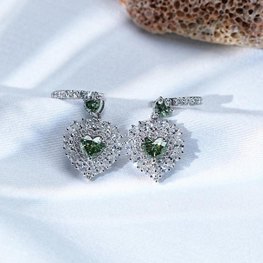 Heart Shape Green Lab Diamond Halo Dangle Earrings