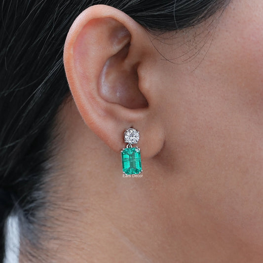 Round Lab Diamond & Emerald Gemstone Drop Earrings