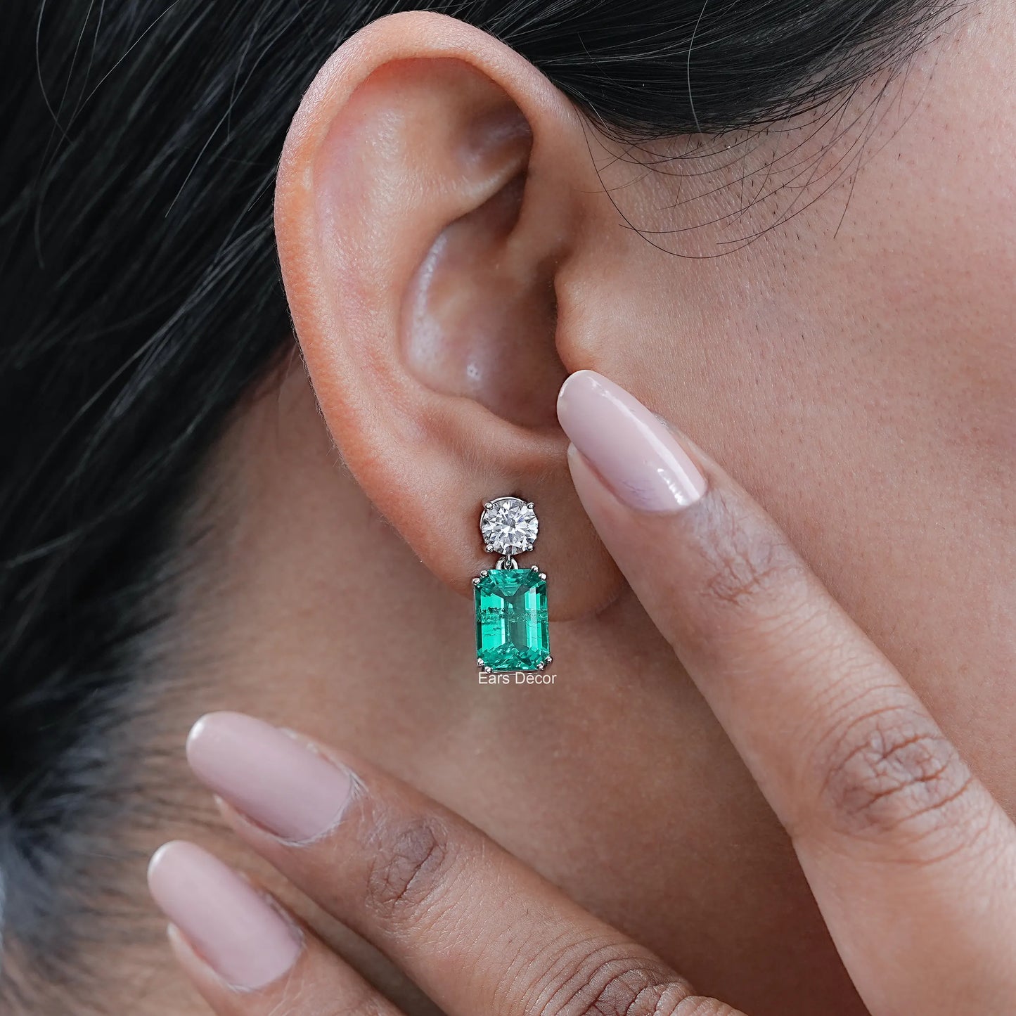 Round Lab Diamond & Emerald Gemstone Drop Earrings
