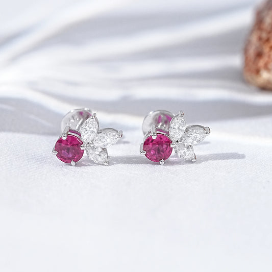 Ruby Round And Pear Diamond Stud Earrings