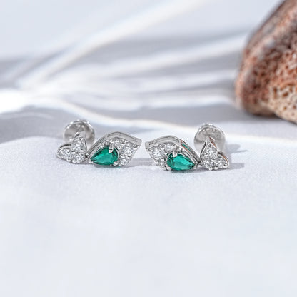 Green Pear And Round Diamond Cluster Drop Earrings
