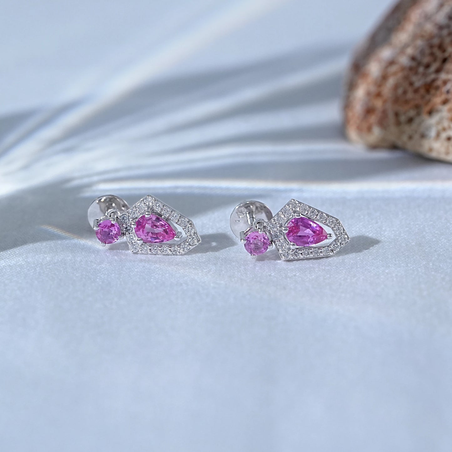 Pink Pear and Round Gemstone Halo Drop Dangle Earrings