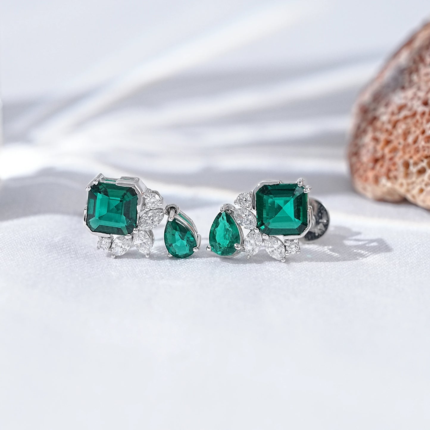 Green Asscher Gemstone And Marquise Diamond Drop Earrings