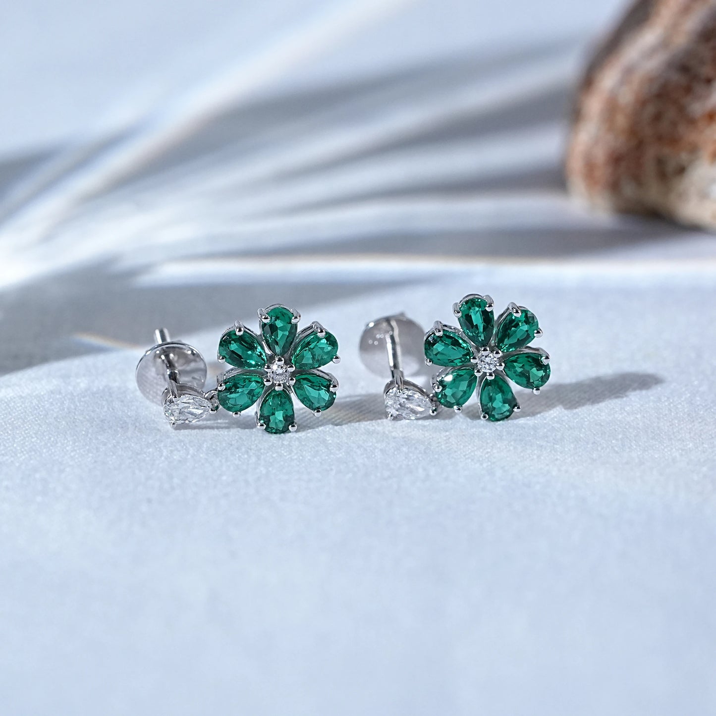 Green Pear Gemstone Halo Floral Drop Earrings