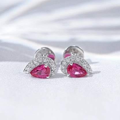 Ruby Pear And Half Halo Round Diamond Stud Earrings