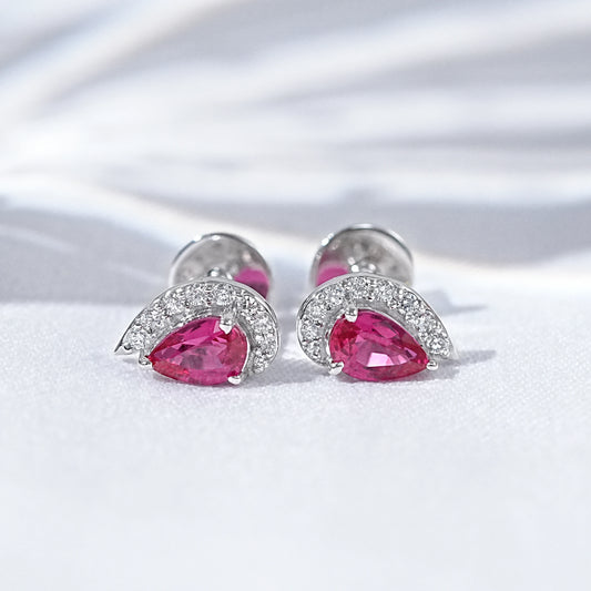 Ruby Pear And Half Halo Round Diamond Stud Earrings