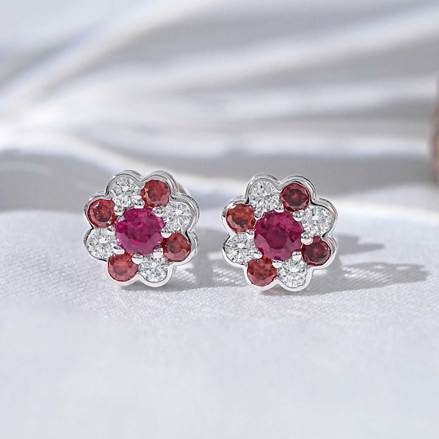 Round Ruby Gemstone And Diamond Floral Bezel Stud Earrings