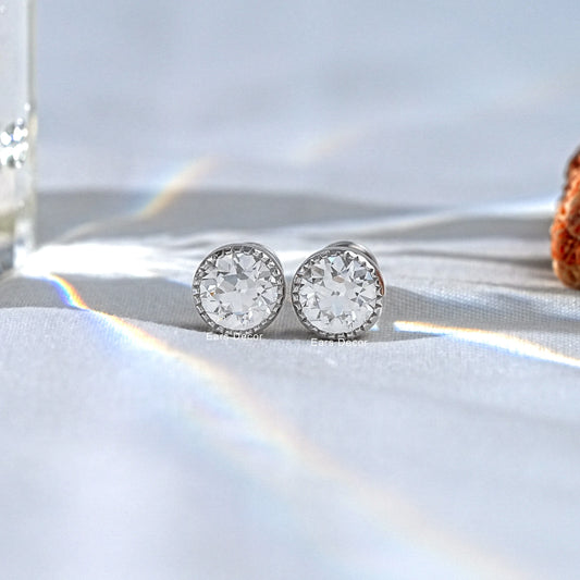 Milgrain Old European Round Cut Lab Diamond Stud Earrings