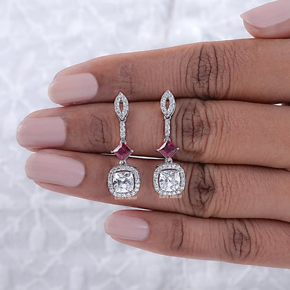 Old Mine Cushion Cut Halo Dangle Earrings