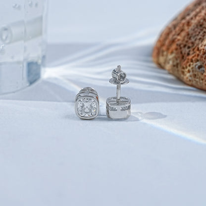 Lab diamond square old mine cushion cut stud earrings in 925 silver, showcasing sparkle and elegance.