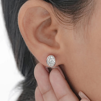 Natural Oval Cut Diamond Milgrain Set Stud Earrings