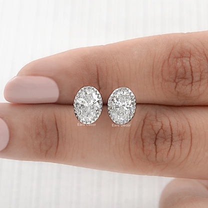 Natural Oval Cut Diamond Milgrain Set Stud Earrings