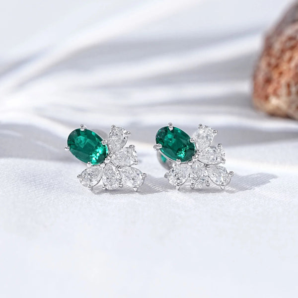 Green Oval Gemstone And Pear Diamond  Stud Earrings