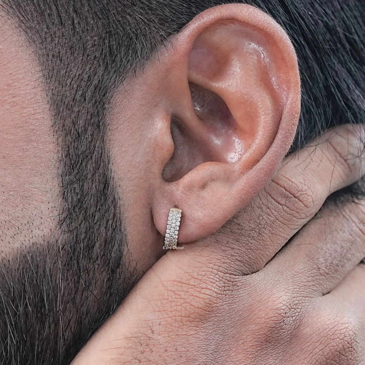 Round Diamond Pave Set Men's Hoop Earring
