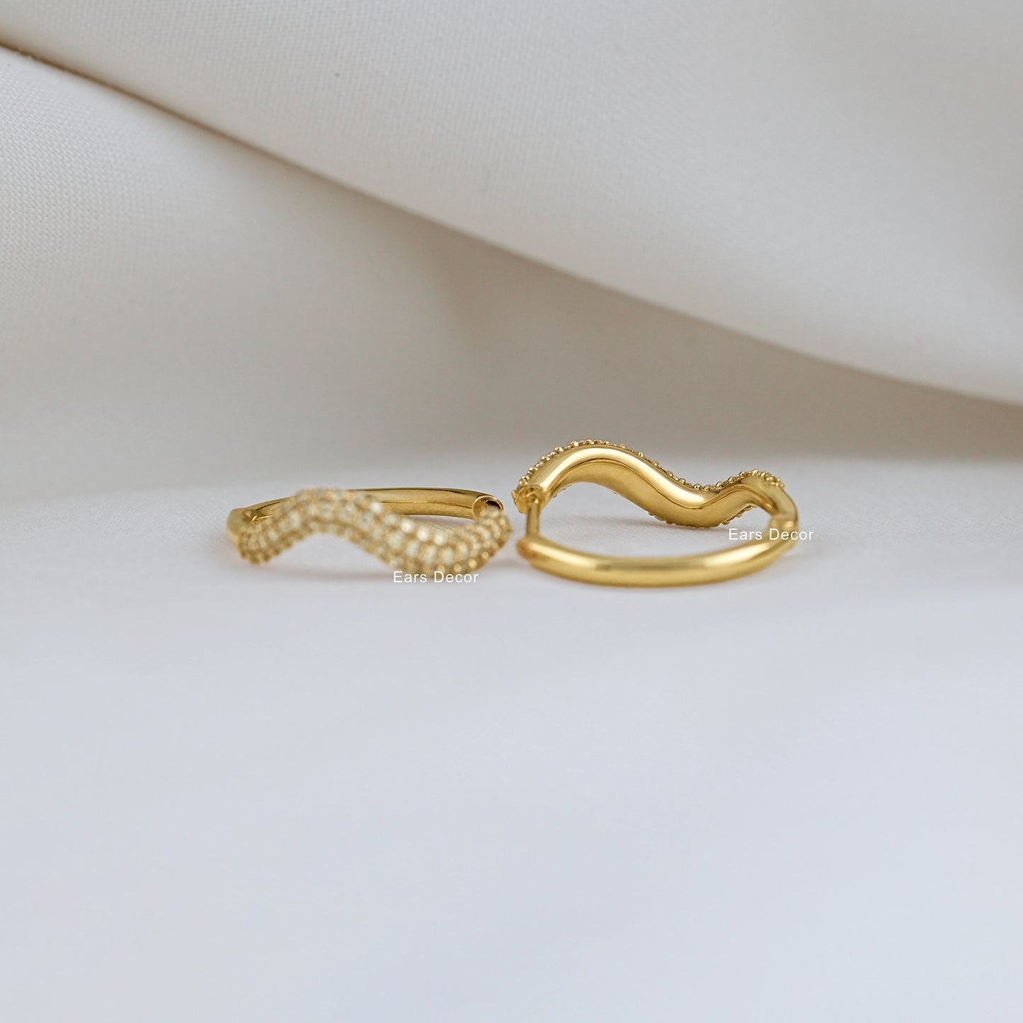 Pave Set Round Diamond Wave Hoop Earring