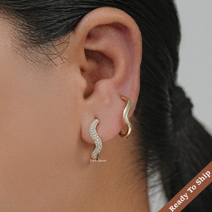 Pave Set Round Diamond Wave Hoop Earring