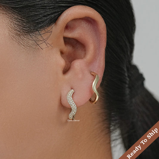 Pave Set Round Diamond Wave Hoop Earring