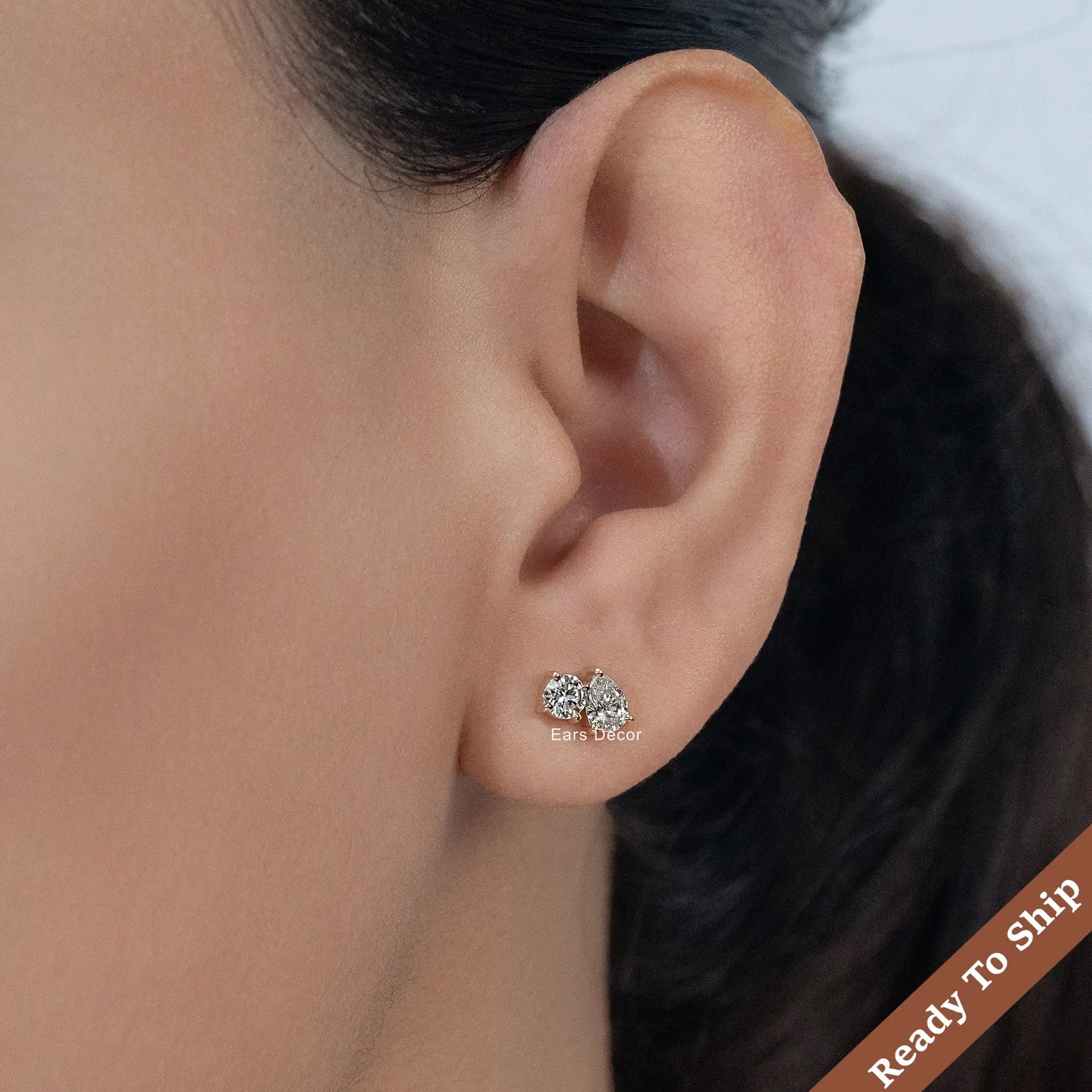 Round And Pear Cut Two Stone Stud Earring