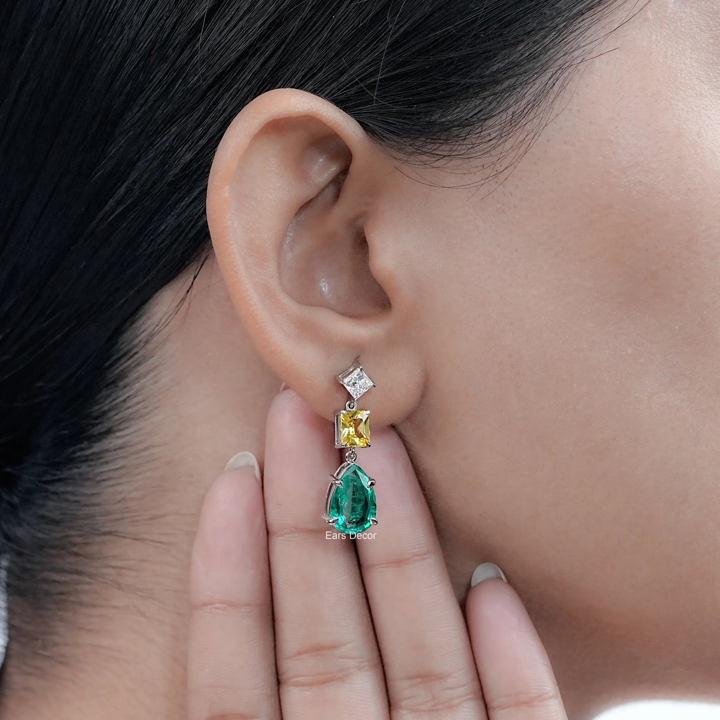 Lab Diamond & Emerald Gemstone Tear Drop Earrings