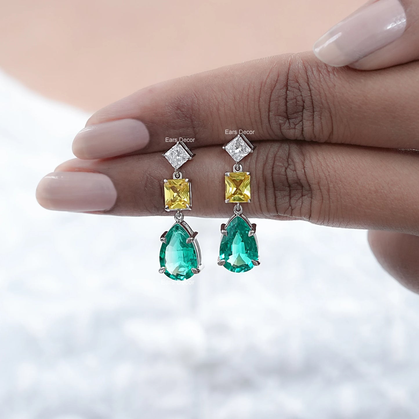 Lab Diamond & Emerald Gemstone Tear Drop Earrings