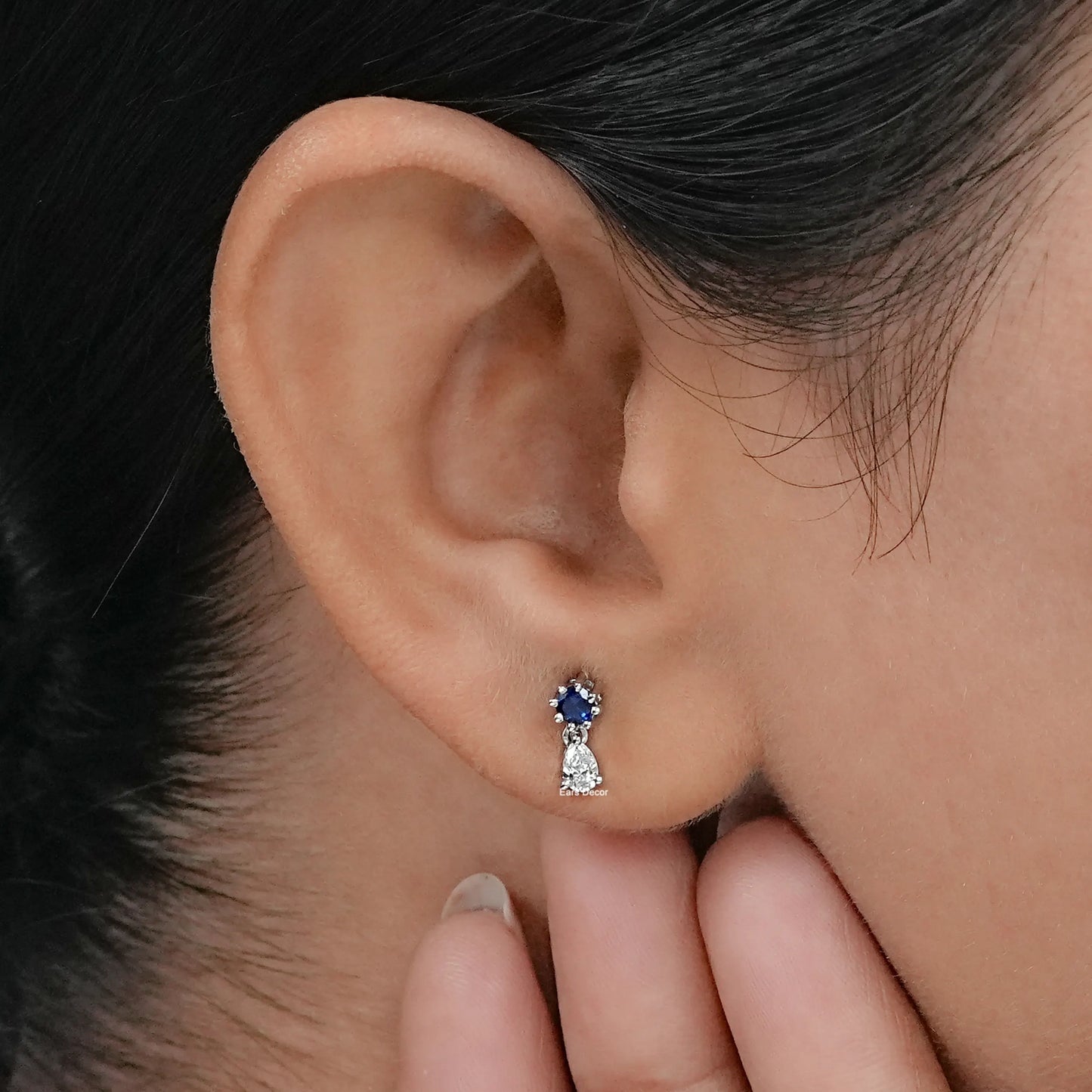 Sapphire Round And Pear Lab Diamond Drop Earring