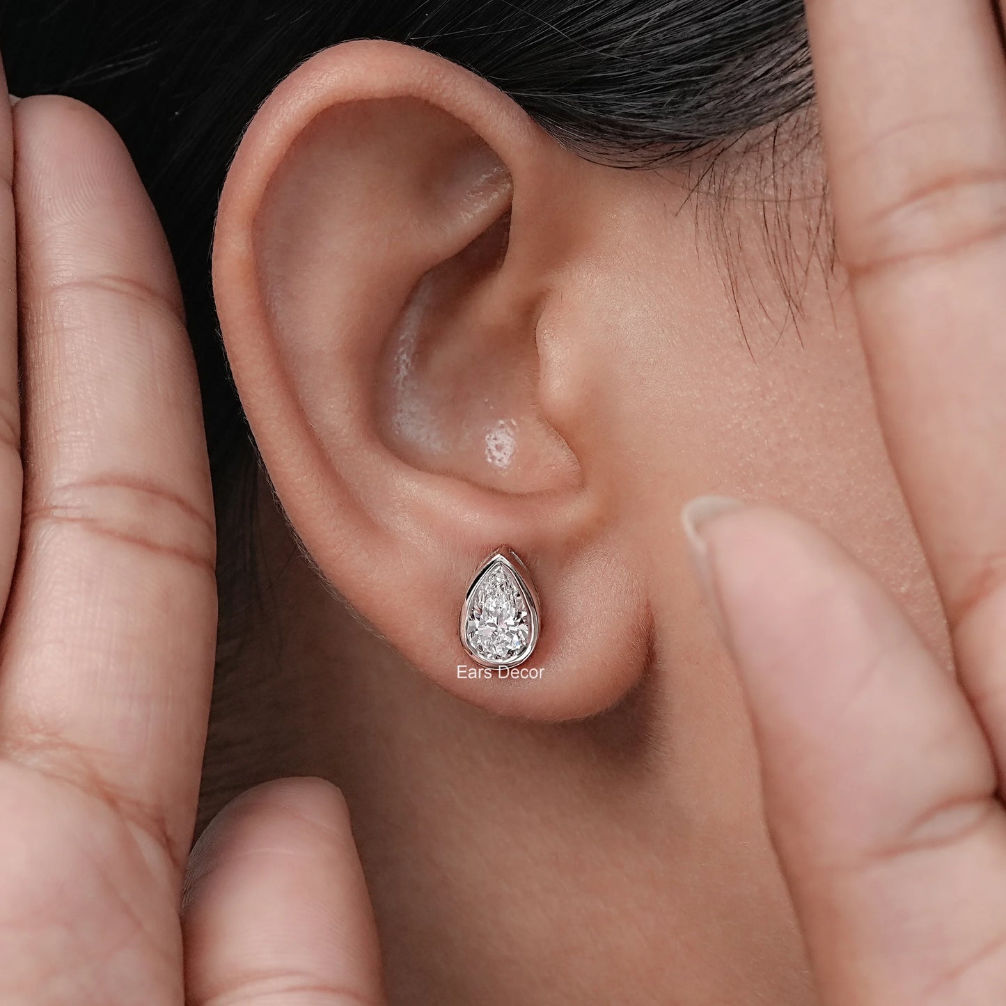 Moissanite Pear Cut Bezel Set Solitaire Stud