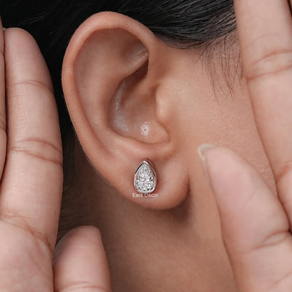 Moissanite Pear Cut Bezel Set Solitaire Stud
