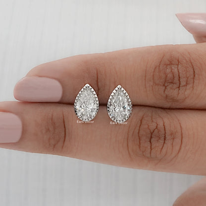 Moissanite Pear Cut Milgrain Set Stud Earrings