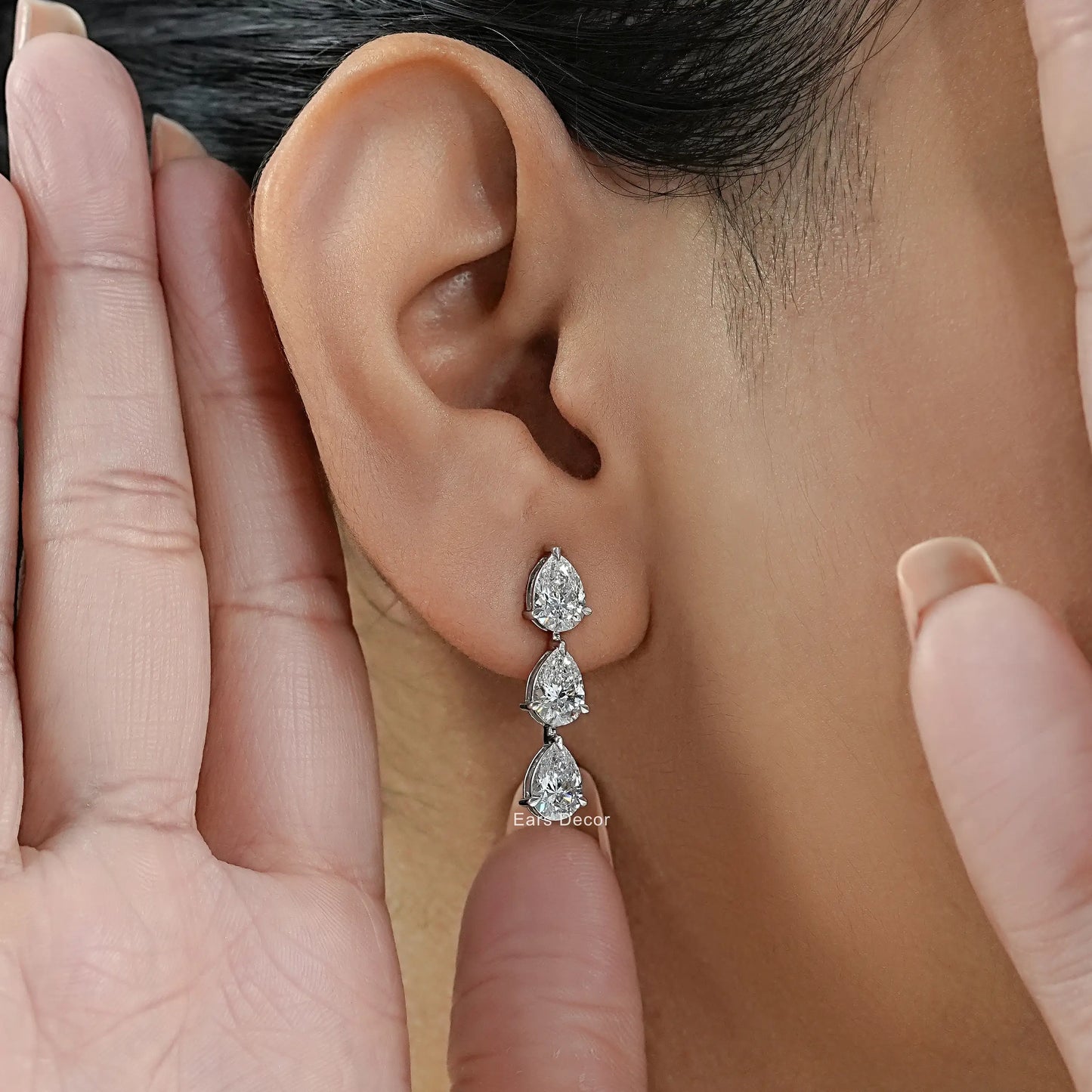 Pear Cut Lab Diamond Trilogy Drop Earrings