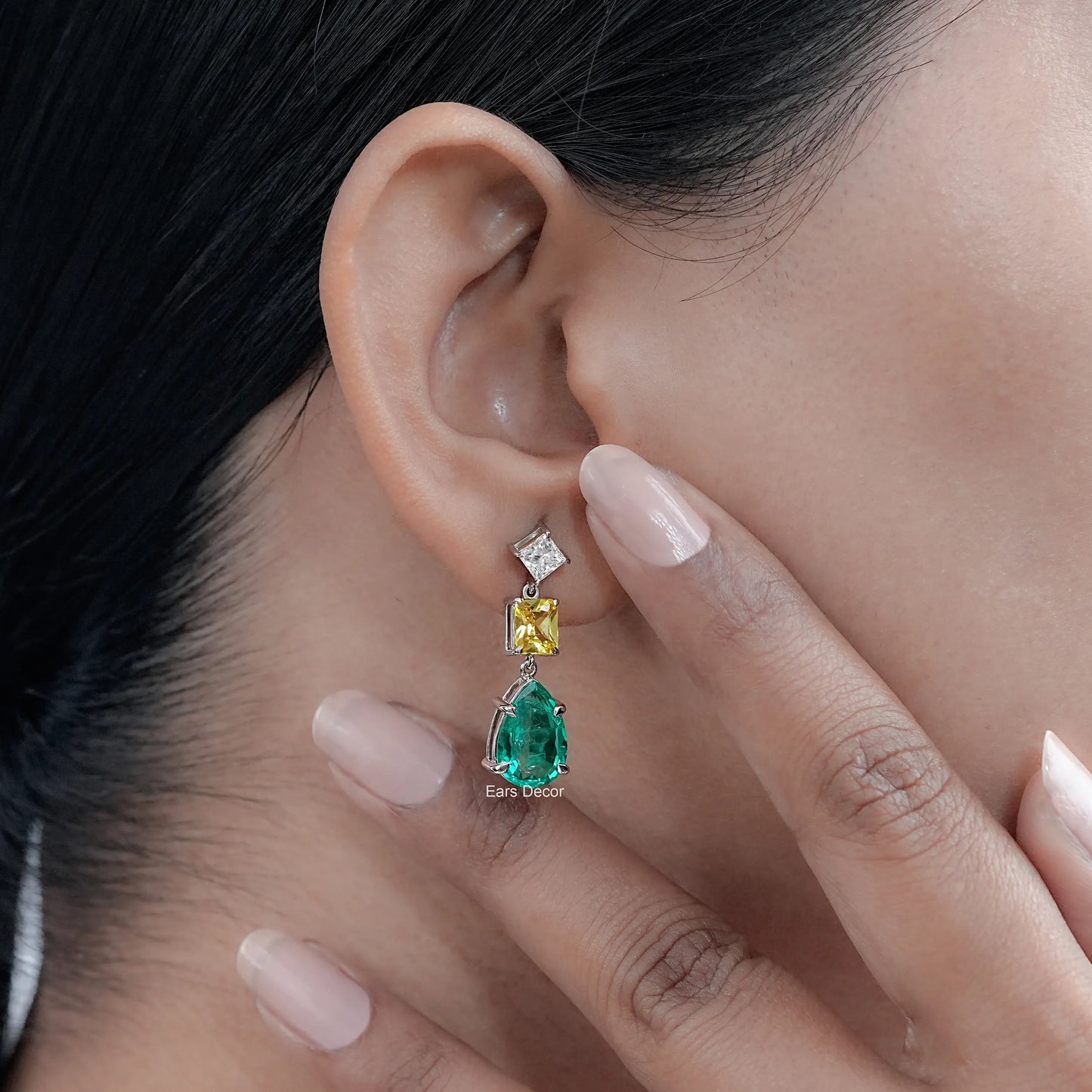 Lab Diamond & Emerald Gemstone Tear Drop Earrings