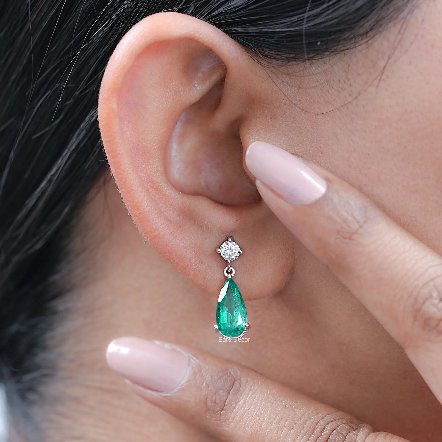 Pear Shaped Emerald Gemstone & Lab Diamond Drop Earrings