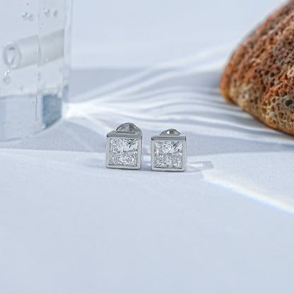 Brilliant Cut Princess Lab Diamond Bezel Set Stud Earrings