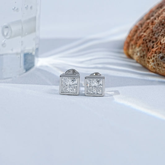Brilliant Cut Princess Lab Diamond Bezel Set Stud Earrings