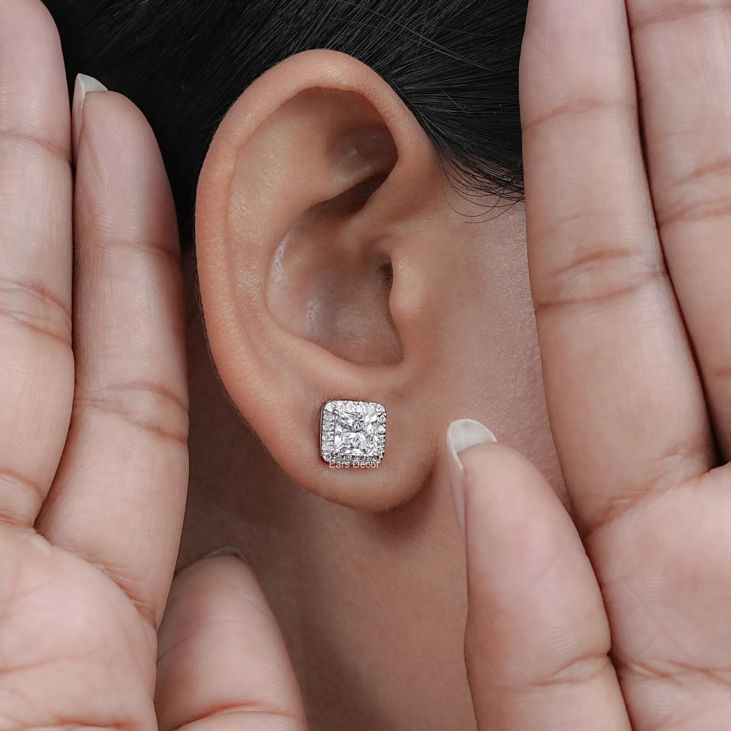 Princess cut Lab Grown Diamond Halo Stud Earrings