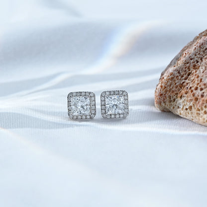 Princess cut Lab Grown Diamond Halo Stud Earrings