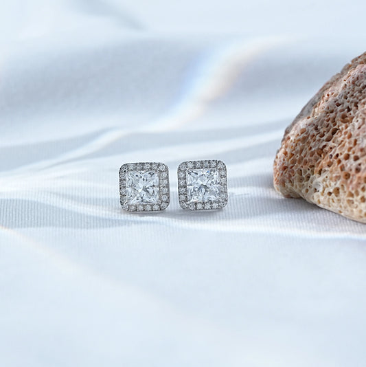 Princess cut Lab Grown Diamond Halo Stud Earrings