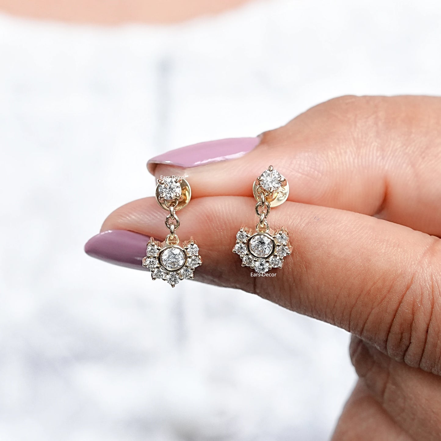 Round Cut Lab Grown Diamond Half Halo Dangle Earrings