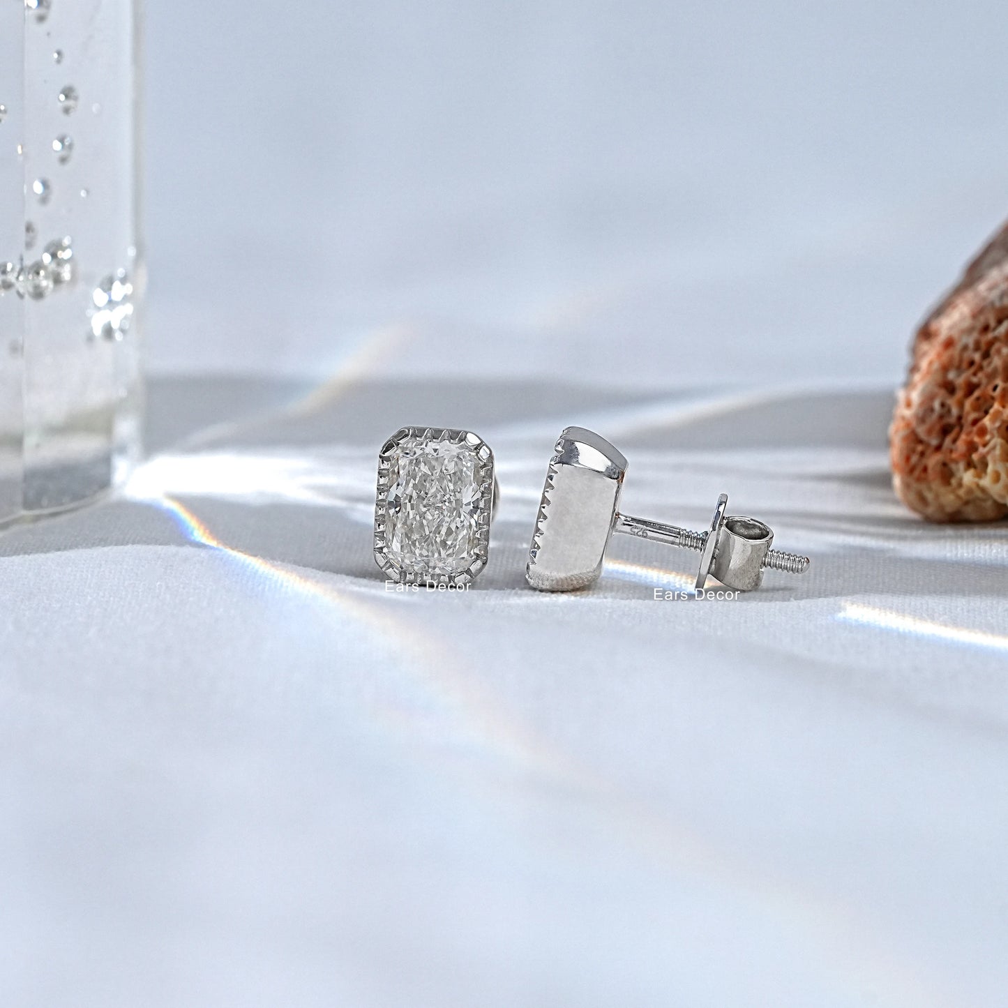 Milgrain Radiant Cut Moissanite Stud Earrings