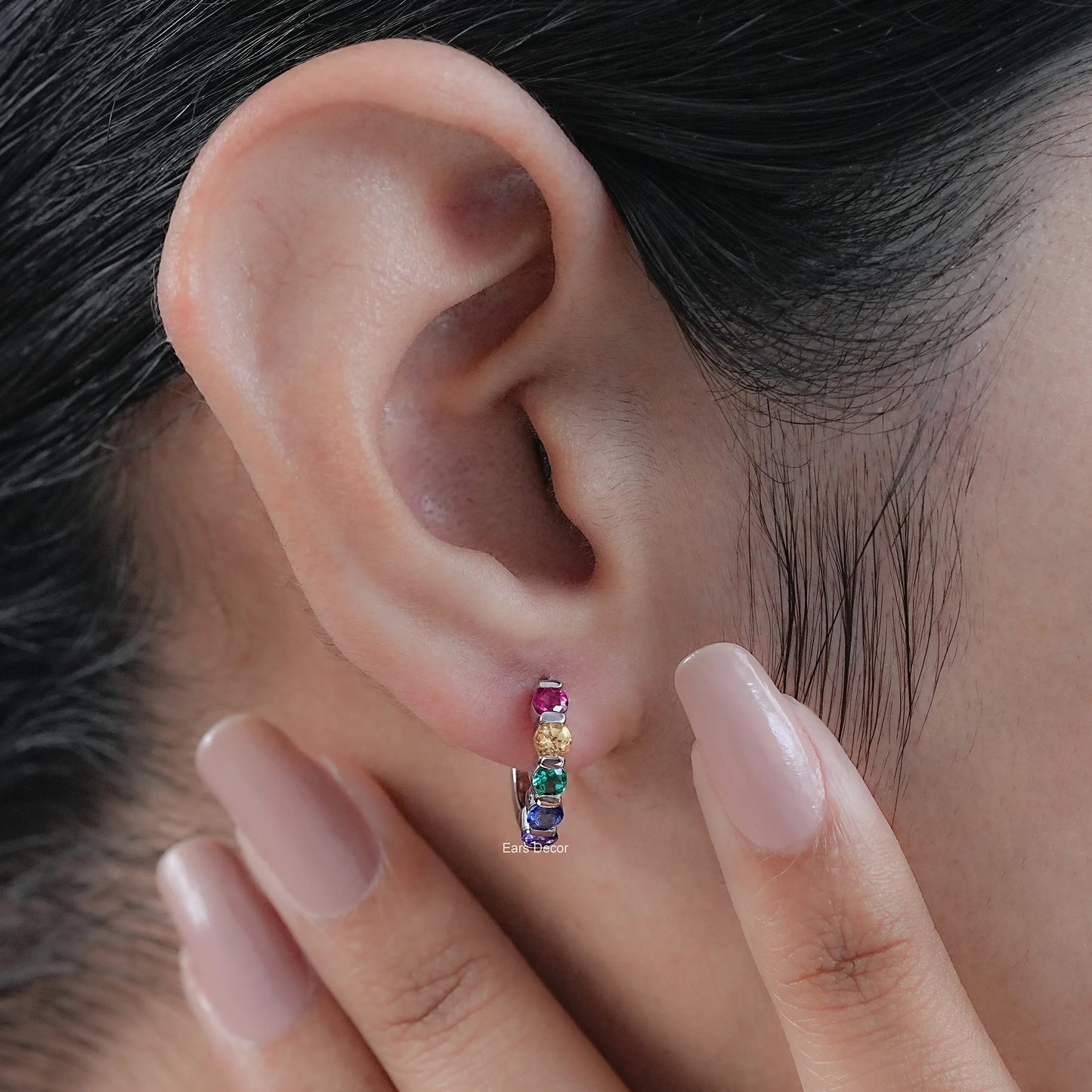 Round Cut Rainbow Gemstone Hoop Earrings