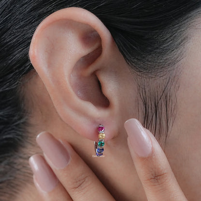 Round Cut Rainbow Gemstone Hoop Earrings